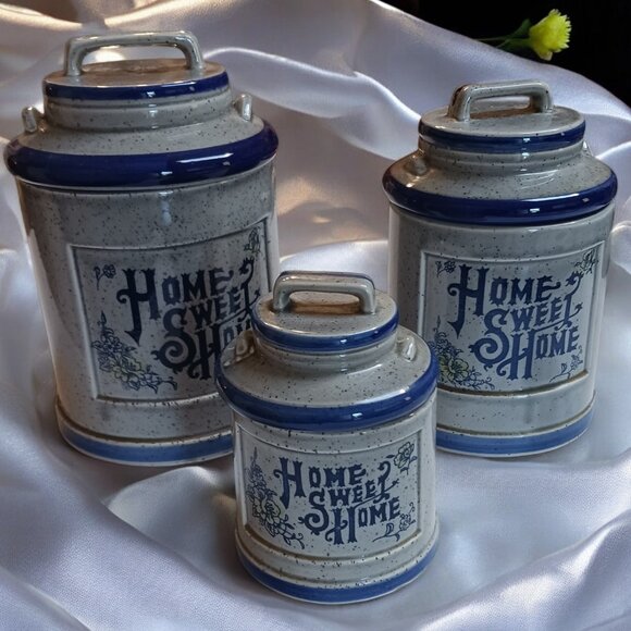 Vintage Rustic Japan Blue-Gray Ceramic 'Home Sweet Home' Milk Jug Canister Set - Picture 1 of 11